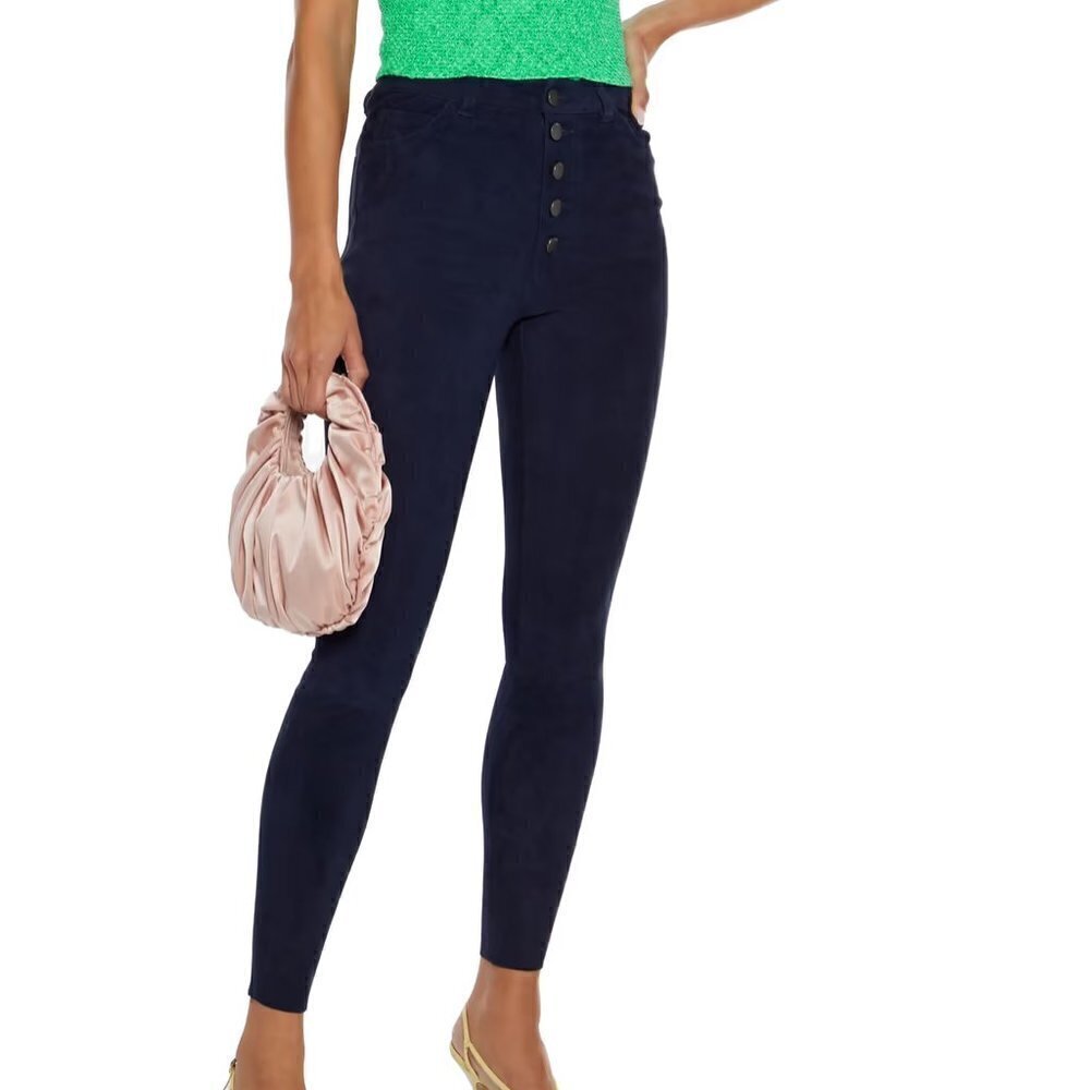 Alice + Olivia Mikah Suede Leather Skinny Pants navy blue button fly new 2